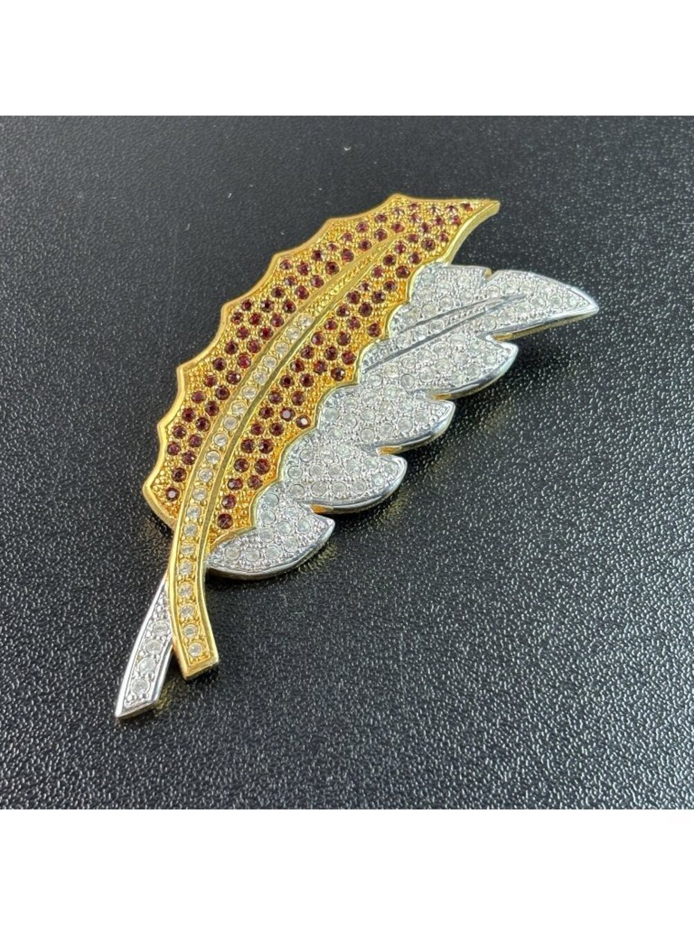 Vtg Dual Layer Feather Brooch Pin Gold Silver Tone Red White Rhinestone 3.25"